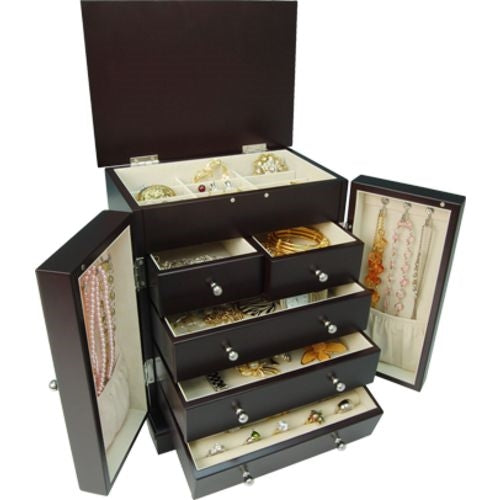 Elegant Wooden Jewelry Armoire Organizer – Multi-Drawer Storage Chest with Mirror Doors & Necklace Hooks (Dark Walnut Finish)