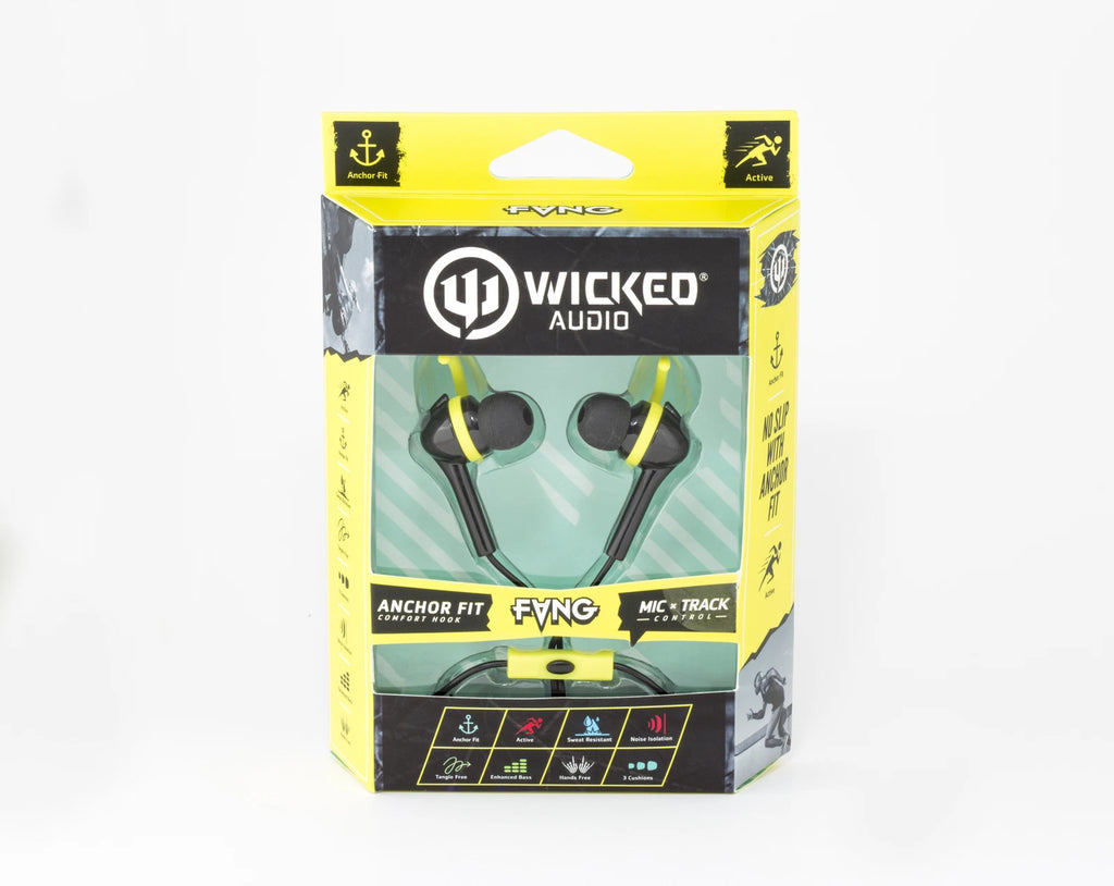 Wicked Audio FANG Wired Earbuds with Anchor Fit Hooks, Mic & Track Control – Sweat Resistant Sport Earphones