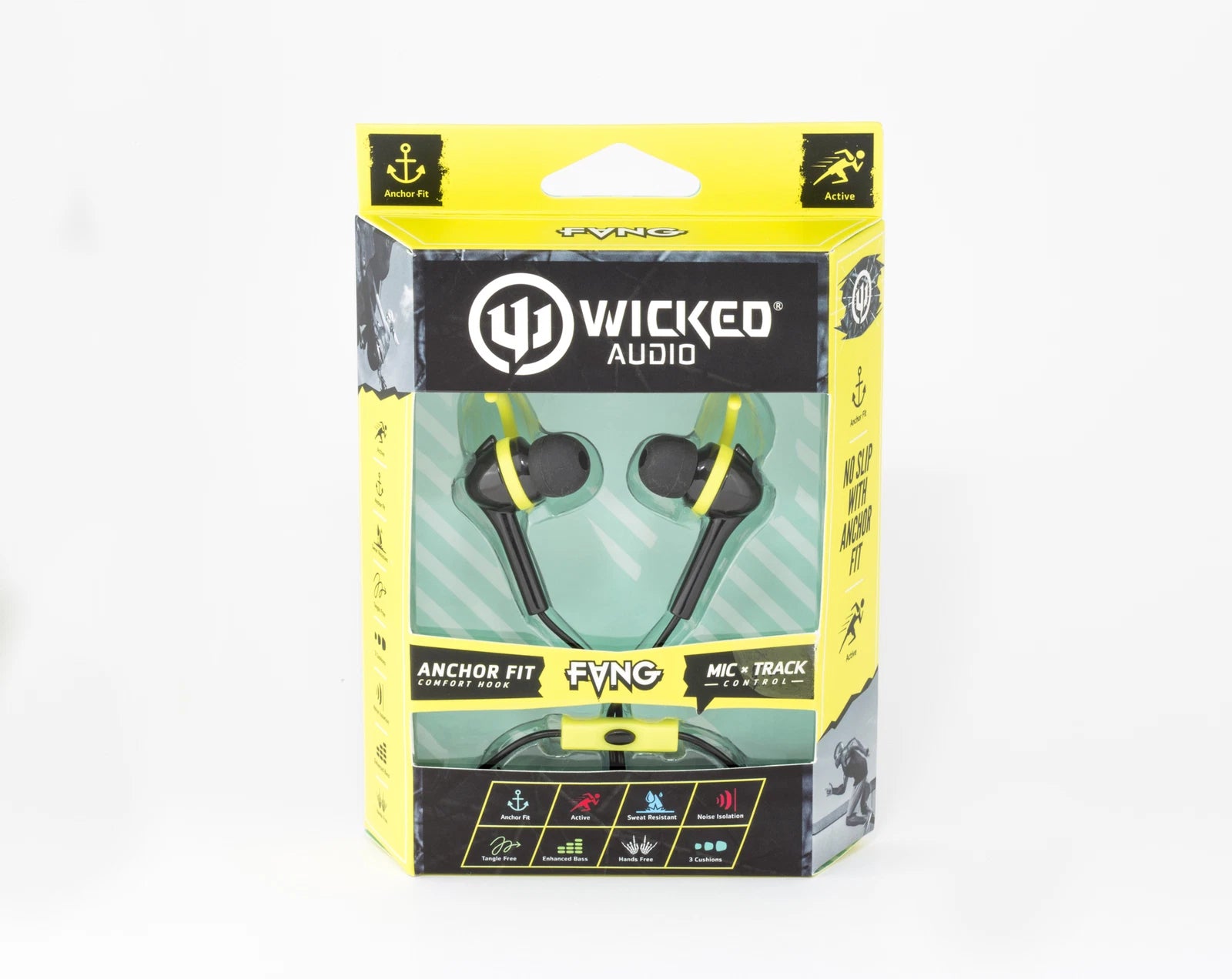 Wicked Audio FANG Wired Earbuds with Anchor Fit Hooks, Mic & Track Control – Sweat Resistant Sport Earphones