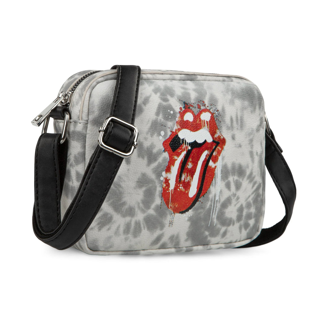 Rolling Stones Crossbody Bag – Black Faux Leather Mini Shoulder Bag with Adjustable Strap