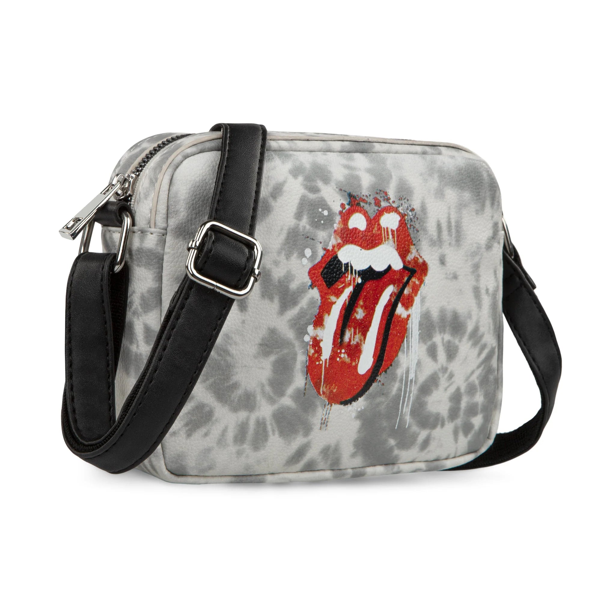 Rolling Stones Crossbody Bag – Black Faux Leather Mini Shoulder Bag with Adjustable Strap
