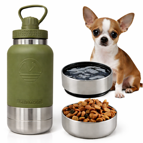 32 D Oz  Insulated Dog Water Bottle with 2 Bowls – Portable Pet Water Bottle for Small Dogs (Army Green)
