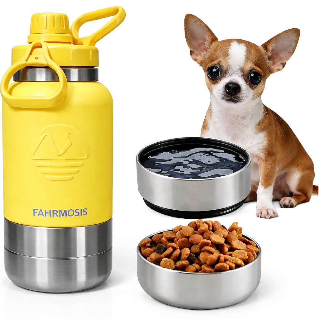 32 oz Insulated Dog Water Bottle with 2 Bowls – Portable Pet Water Bottle for Small Dogs (yellow)
