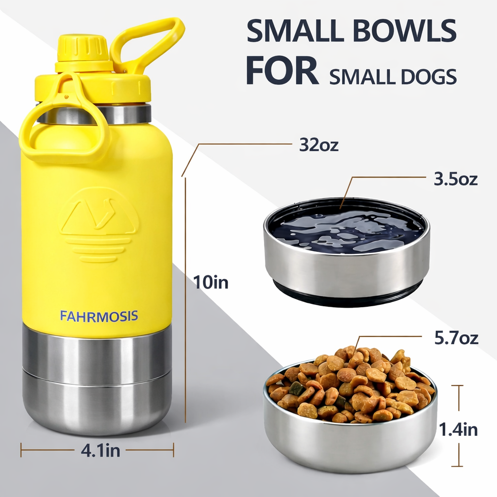 32 oz Insulated Dog Water Bottle with 2 Bowls – Portable Pet Water Bottle for Small Dogs (yellow)