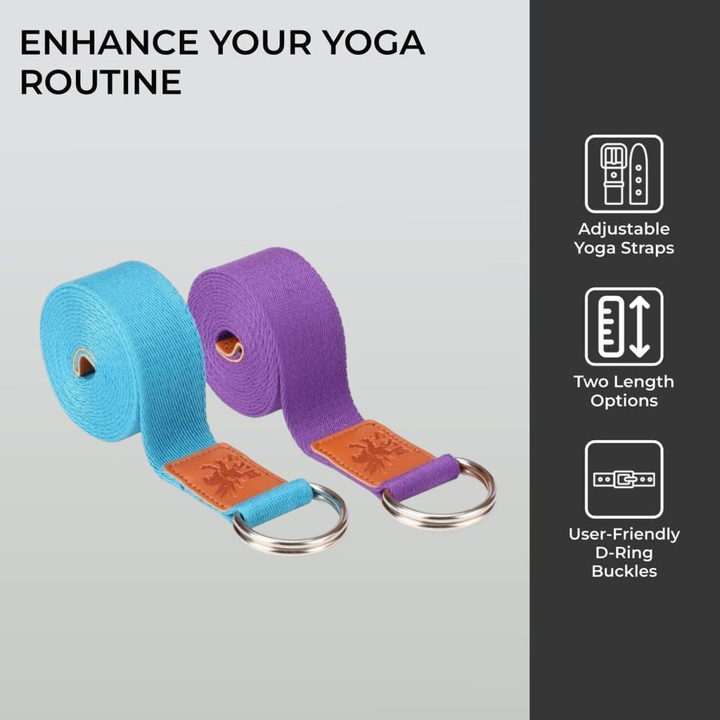 H&S Yoga Straps Set of 2 – Extra Long Adjustable Cotton Yoga Belts (6ft & 8ft) for Stretching, Pilates & Flexibility Training