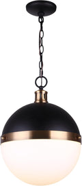 Canarm DELTA 1-Light Ceiling Pendant – 13" Matte Black & Brass Metal Fixture with Flat Opal Glass Shade