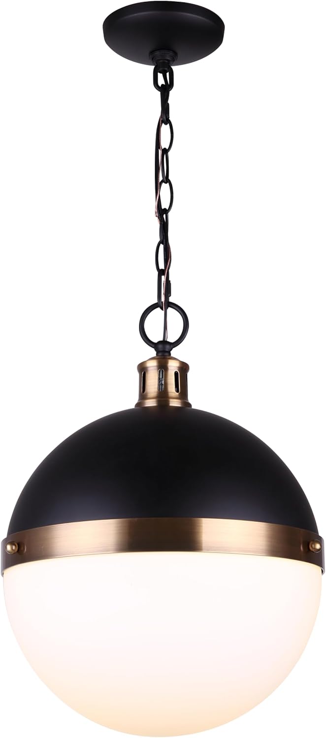 Canarm DELTA 1-Light Ceiling Pendant – 13" Matte Black & Brass Metal Fixture with Flat Opal Glass Shade
