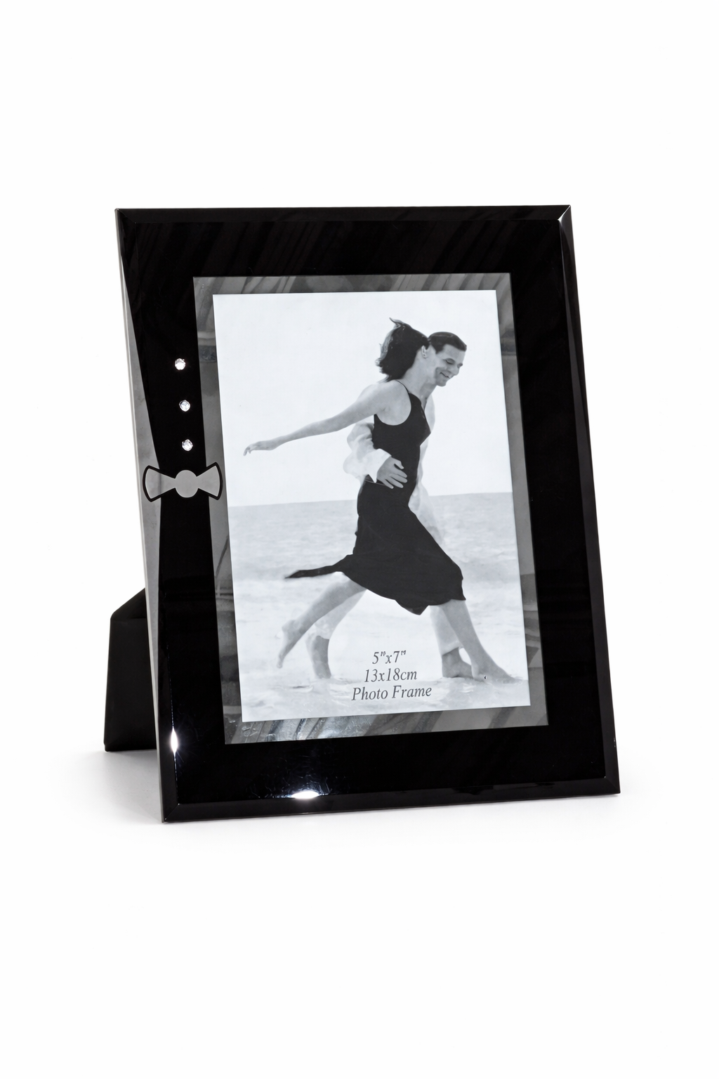 5x7 Black Decorative Photo Frame with Crystal Accent & Bow Design – Tabletop Portrait Display Frame (13x18 cm)