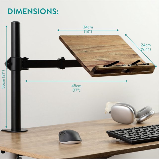 Navaris Wooden Book Stand with Clamp – Adjustable Reading Holder for Books, Cookbooks, Sheet Music, Tablets & E-Readers – Acacia Wood Book Rest 13.39" x 17.72" x 21.65"