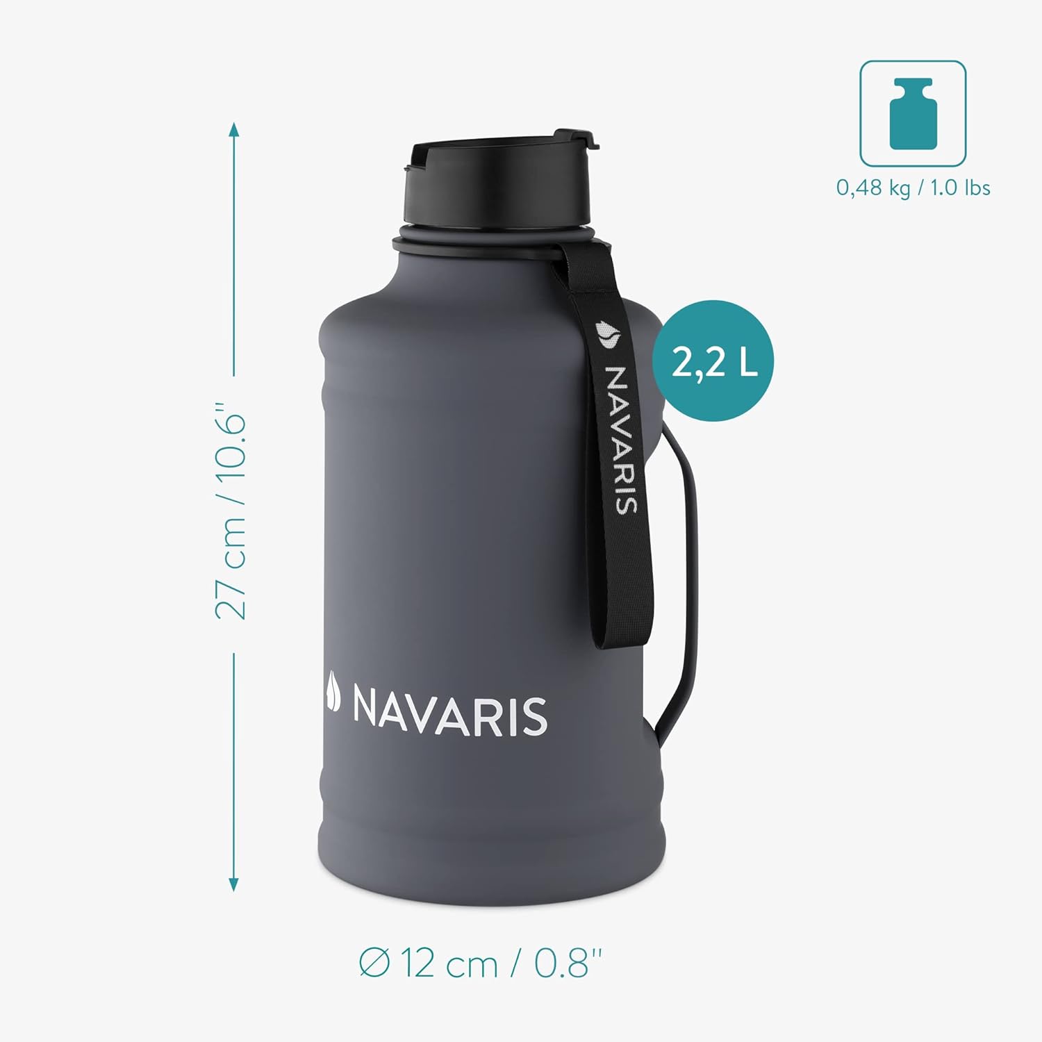 Navaris Half Gallon Water Bottle with Handle – 74oz (2.2L) Stainless Steel Water Jug for Sports, Gym & Outdoor Activities – Dark Grey