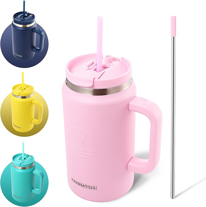 50 oz Insulated Tumbler with Handle & Straw – Stainless Steel Travel Mug (Pink)