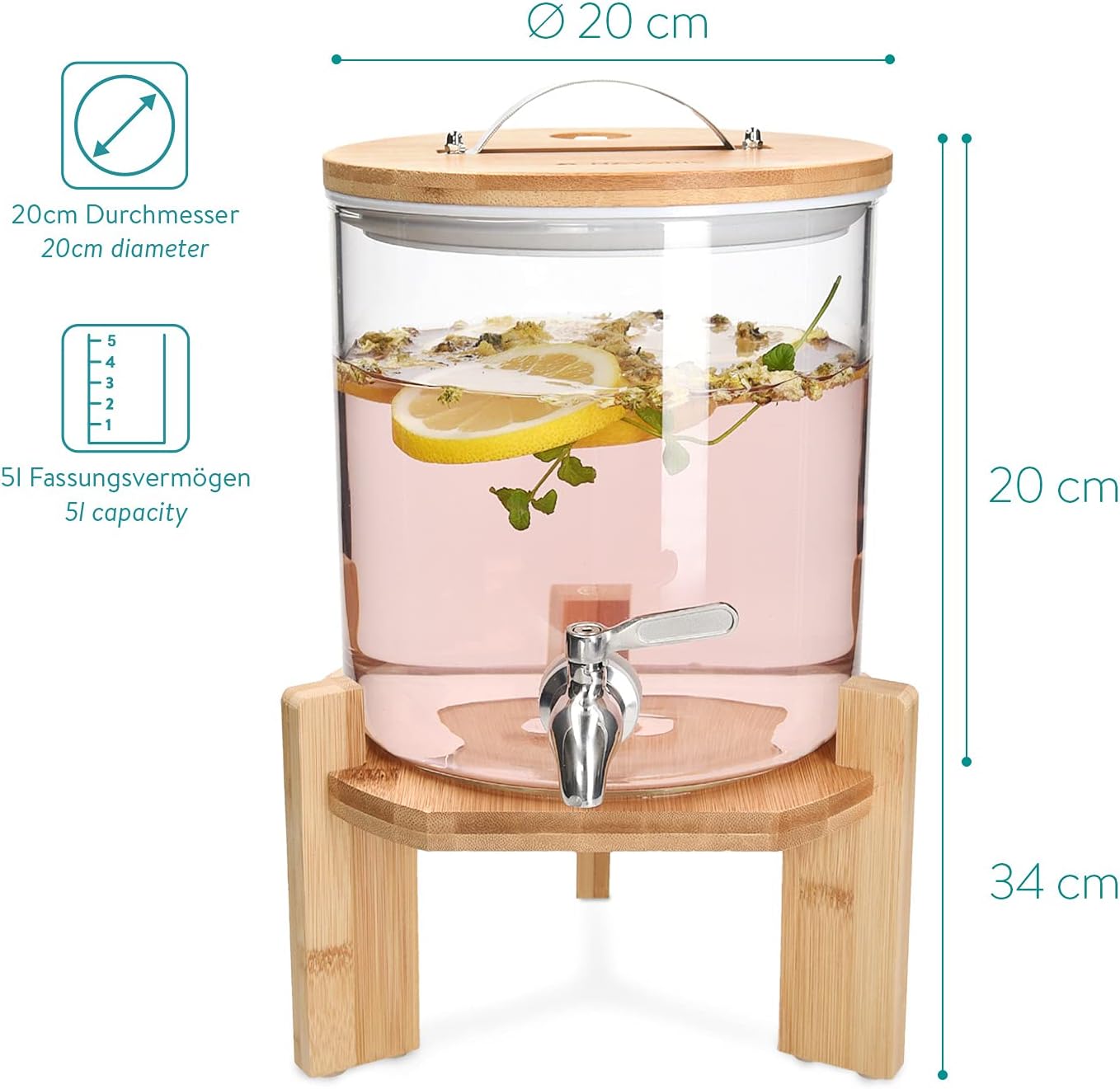 Navaris Beverage Dispenser with Stand – 1.3 Gallon (5L) Glass Drink Dispenser with Spigot, Lid & Wooden Stand