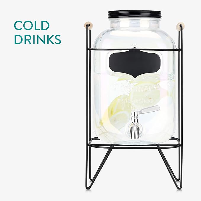 Navaris Drinks Dispenser with Tap & Stand – 5L Rainbow Glass Beverage Dispenser with Stainless Steel Tap & Metal Wire Stand