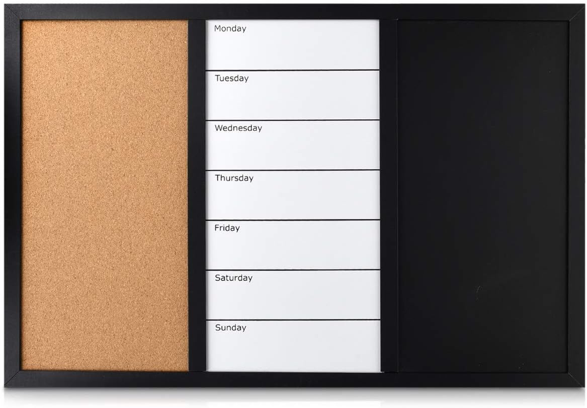 Navaris 3-in-1 Combination Board – Cork Board, Magnetic Whiteboard & Chalkboard Weekly Planner – 16 x 24 Inch Bulletin Board Organizer for Home, Office & Classroom