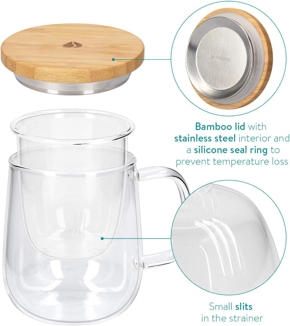 Navaris Tea Mug with Infuser & Bamboo Lid – 16.9oz (500ml) Borosilicate Glass Tea Cup for Loose Leaf Tea