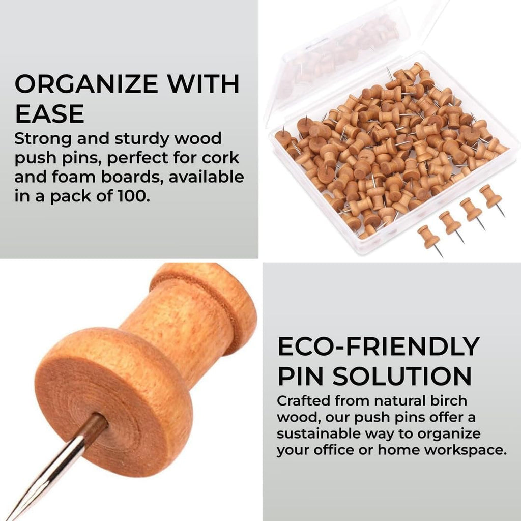 H&S Wood Push Pins 100pcs – Wooden Drawing Pins for Cork Boards, Notice Boards, Maps & Photos