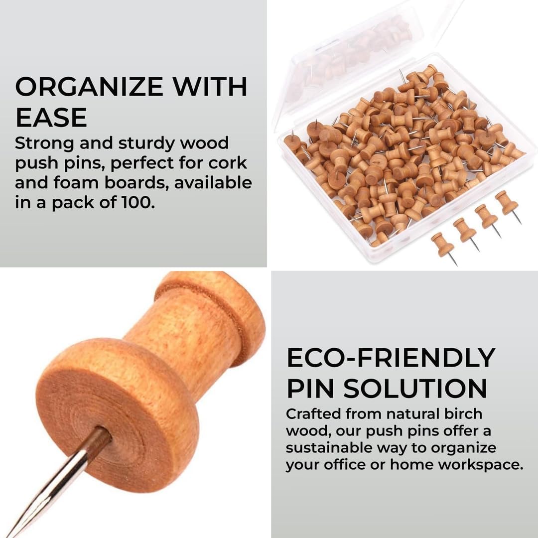 H&S Wood Push Pins 100pcs – Wooden Drawing Pins for Cork Boards, Notice Boards, Maps & Photos