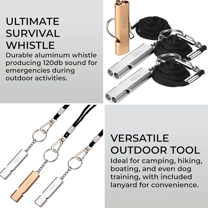 H&S Survival Safety Whistles Set of 3 – Aluminum Emergency Whistles with Lanyards for Camping, Boating, Sports & Dog Training