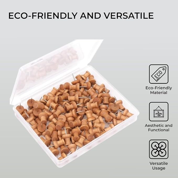 H&S Wood Push Pins 100pcs – Wooden Drawing Pins for Cork Boards, Notice Boards, Maps & Photos