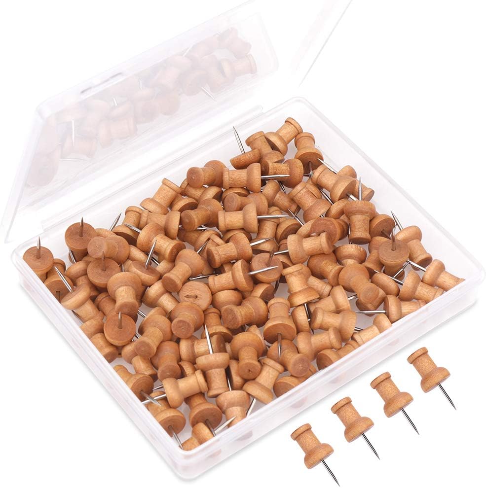 H&S Wood Push Pins 100pcs – Wooden Drawing Pins for Cork Boards, Notice Boards, Maps & Photos