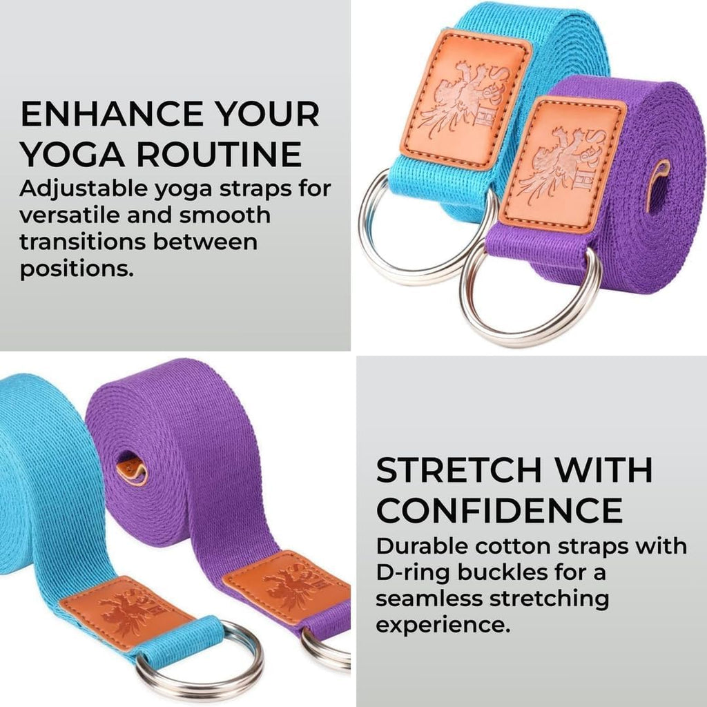 H&S Yoga Straps Set of 2 – Extra Long Adjustable Cotton Yoga Belts (6ft & 8ft) for Stretching, Pilates & Flexibility Training