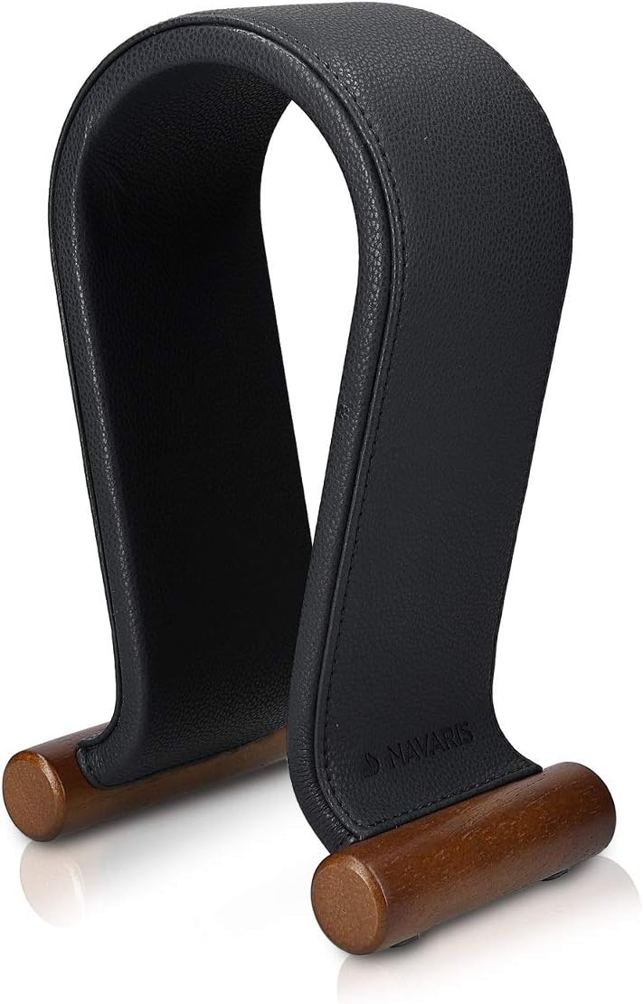 Navaris Omega Headphone Stand - Synthetic Leather Headset Hanger with Wood Base for Gaming, DJ & Studio Headphones - Black