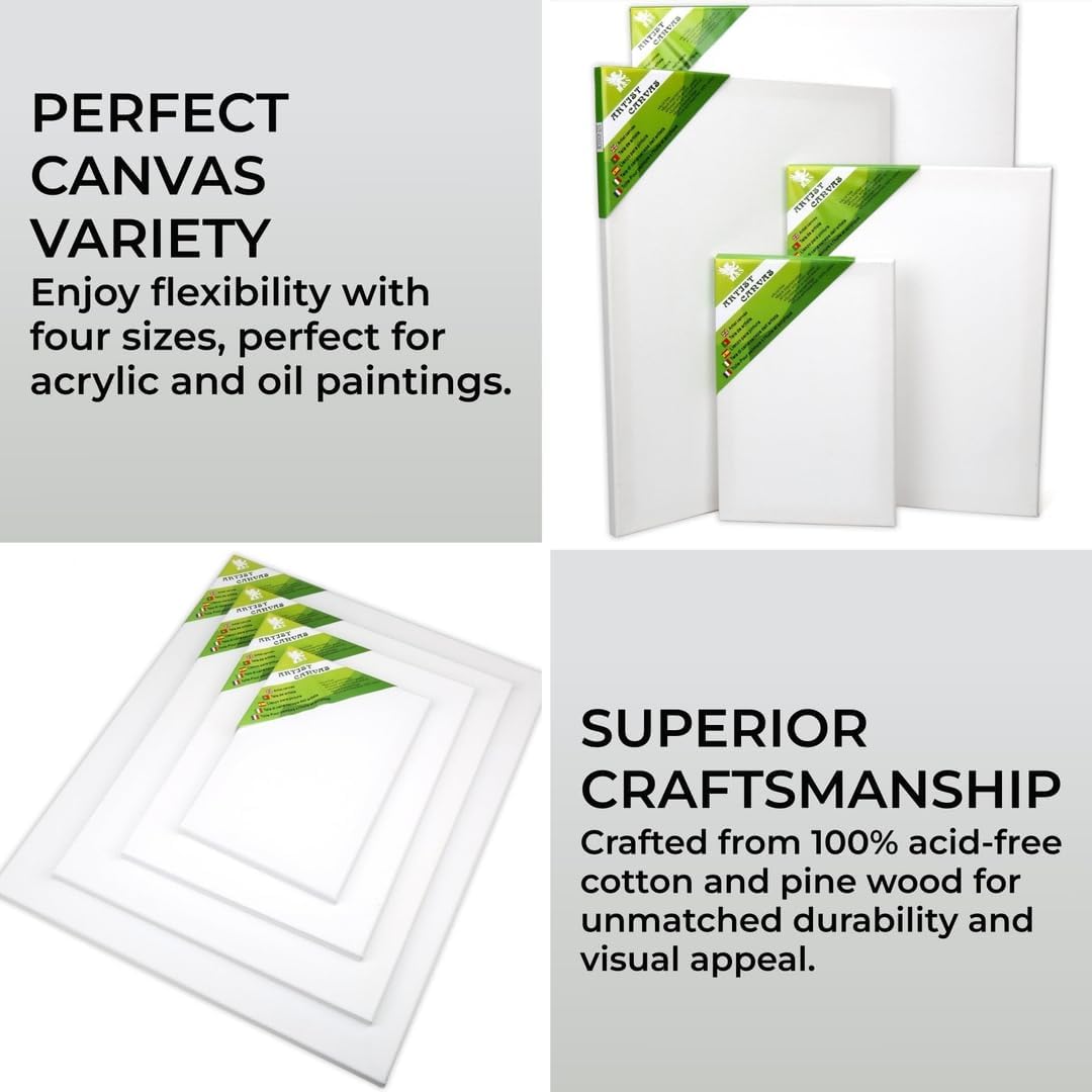 H&S Artist Blank Canvas Set, 4 Stretched Canvas Painting Boards (20x30cm, 30x40cm, 40x50cm & 50x60cm), Primed Canvas Frames for Acrylic, Oil & Watercolor Painting