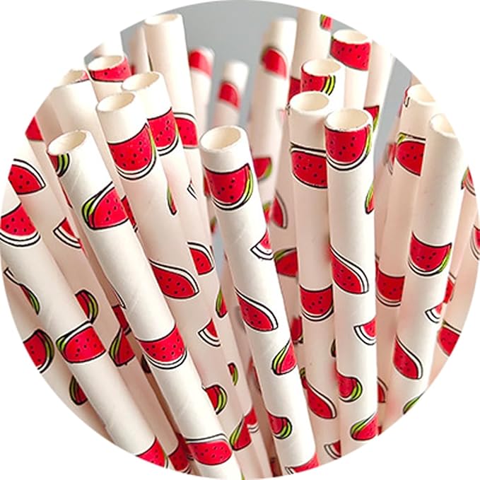 50PCS Biodegradable Paper Drinking Straws – Eco-Friendly Fruit Pattern (Watermelon Design) for Cocktails, Coffee & Cold Drinks