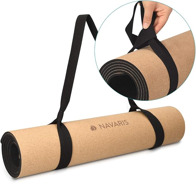 Navaris Cork Yoga Mat with Alignment Lines – Non-Slip Natural Cork Exercise Mat with Carry Strap (72" x 24")