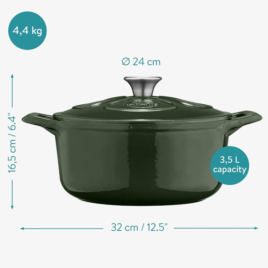 Navaris Enameled Dutch Oven – 3.7 QT Cast Iron Pot with Lid, 9.5" Round Enamel Cookware, Induction Safe – Glossy Dark Green