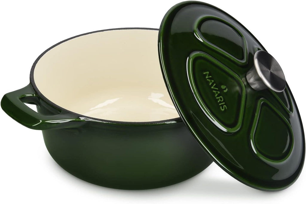 Navaris Enameled Dutch Oven – 3.7 QT Cast Iron Pot with Lid, 9.5" Round Enamel Cookware, Induction Safe – Glossy Dark Green