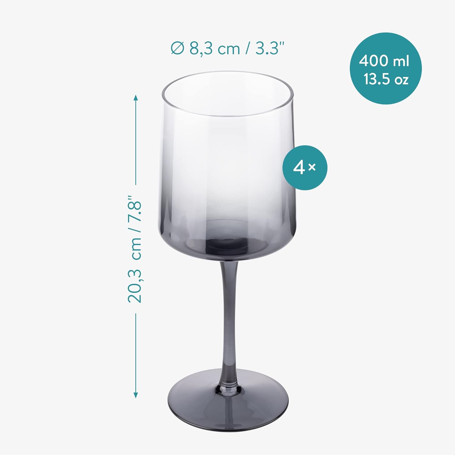 Navaris Gray Square Wine Glasses Set of 4 – 13.5oz Smoke-Colored Stemmed Glassware for Wine, Cocktails, Beer & Desserts