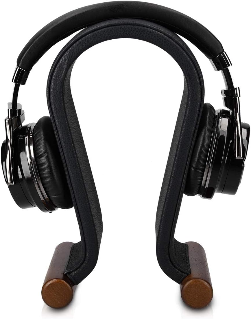 Navaris Omega Headphone Stand - Synthetic Leather Headset Hanger with Wood Base for Gaming, DJ & Studio Headphones - Black