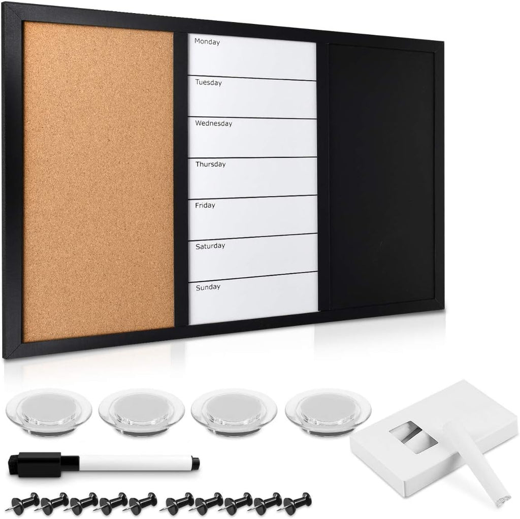 Navaris 3-in-1 Combination Board – Cork Board, Magnetic Whiteboard & Chalkboard Weekly Planner – 16 x 24 Inch Bulletin Board Organizer for Home, Office & Classroom