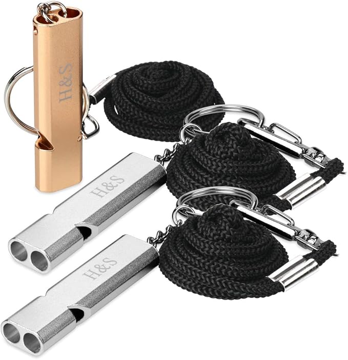 H&S Survival Safety Whistles Set of 3 – Aluminum Emergency Whistles with Lanyards for Camping, Boating, Sports & Dog Training