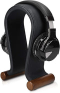 Navaris Omega Headphone Stand - Synthetic Leather Headset Hanger with Wood Base for Gaming, DJ & Studio Headphones - Black