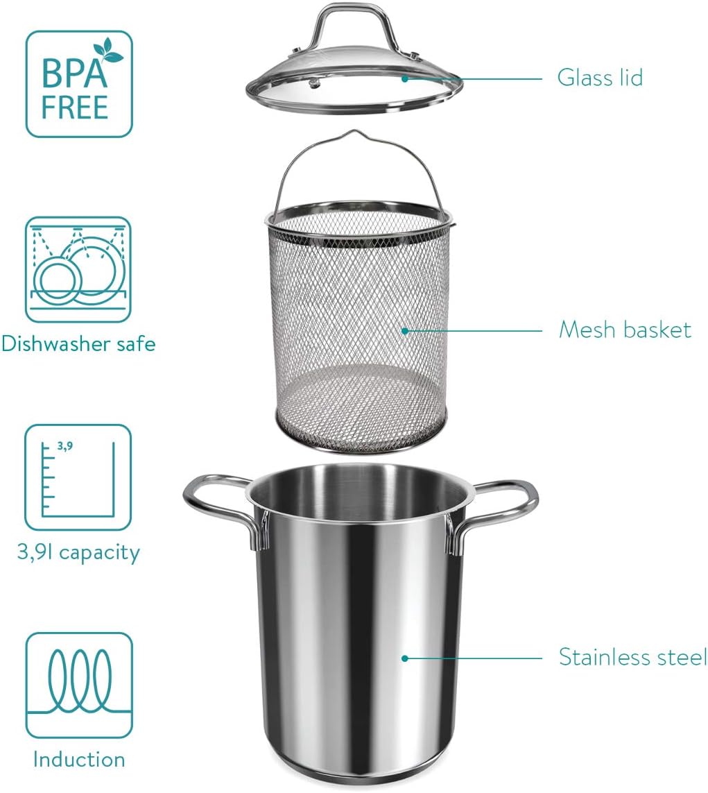 Navaris Stainless Steel Asparagus Pot – 4.1 QT Vegetable & Pasta Cooker with Removable Basket and Lid