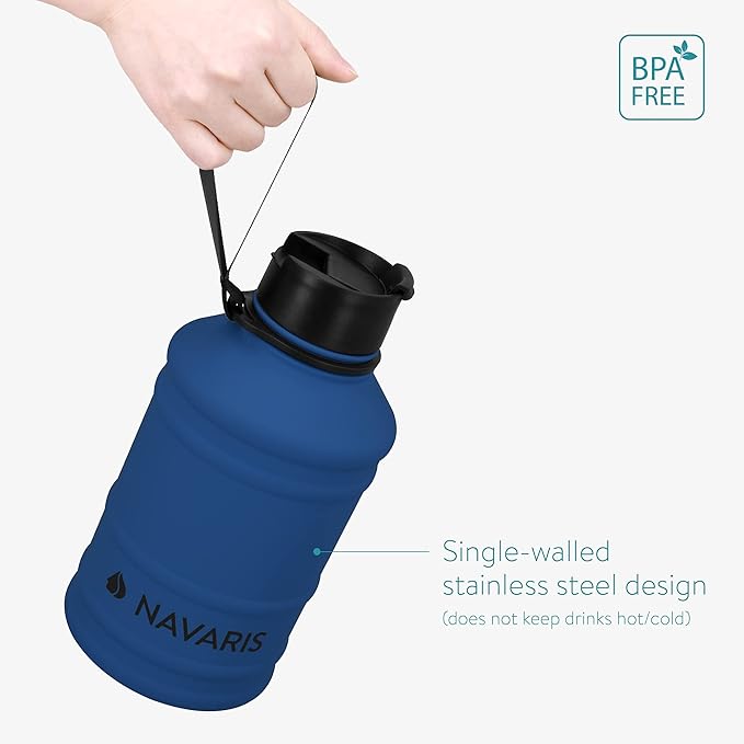 Navaris Stainless Steel Water Bottle 75oz (2.2L) – Large Single-Wall Metal Water Bottle for Sports, Gym, Camping & Outdoor Activities – Blue