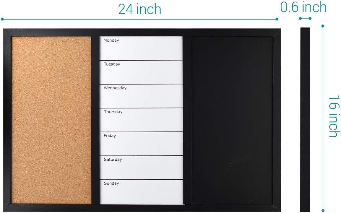 Navaris 3-in-1 Combination Board – Cork Board, Magnetic Whiteboard & Chalkboard Weekly Planner – 16 x 24 Inch Bulletin Board Organizer for Home, Office & Classroom