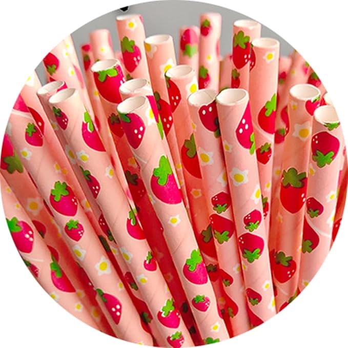 50PCS Biodegradable Paper Drinking Straws – Eco-Friendly Fruit Pattern (Watermelon Design) for Cocktails, Coffee & Cold Drinks
