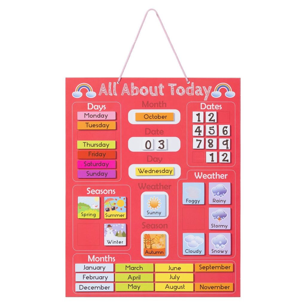 Navaris Kids Magnetic Calendar - Educational Learning Wall Board for Children with Weather, Date, Month, Day & Season Activities - Red