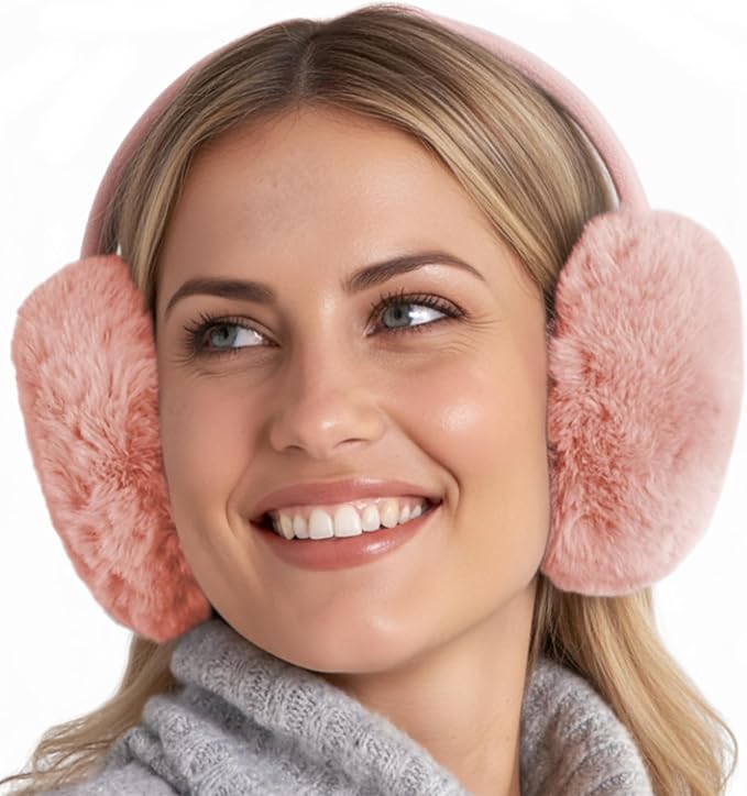 Brook + Bay Foldable Faux Fur Earmuffs - Adjustable Velvet Lined Ear Warmers for Women, Men & Kids - Pink