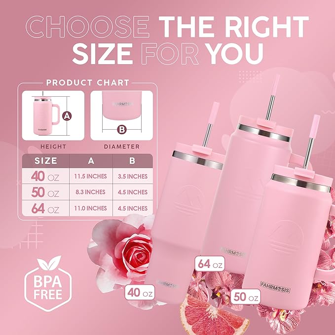 50 oz Insulated Tumbler with Handle & Straw – Stainless Steel Travel Mug (Pink)