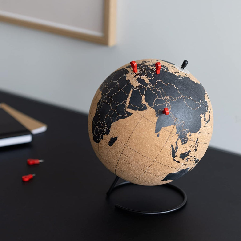 Navaris Cork Globe with Pins - 20 cm (8 Inch) Travel Decor World Map Globe with Push Pin Markers - Includes 10 Wooden Location Pins - Black Print