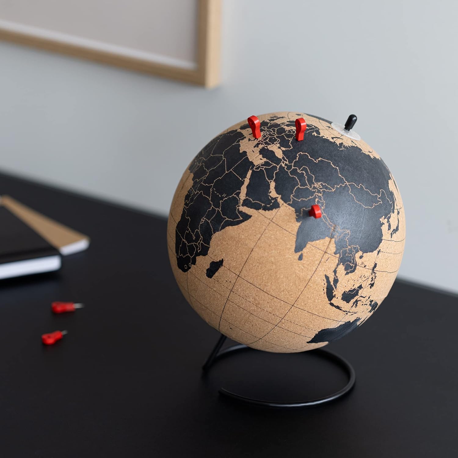 Navaris Cork Globe with Pins - 20 cm (8 Inch) Travel Decor World Map Globe with Push Pin Markers - Includes 10 Wooden Location Pins - Black Print