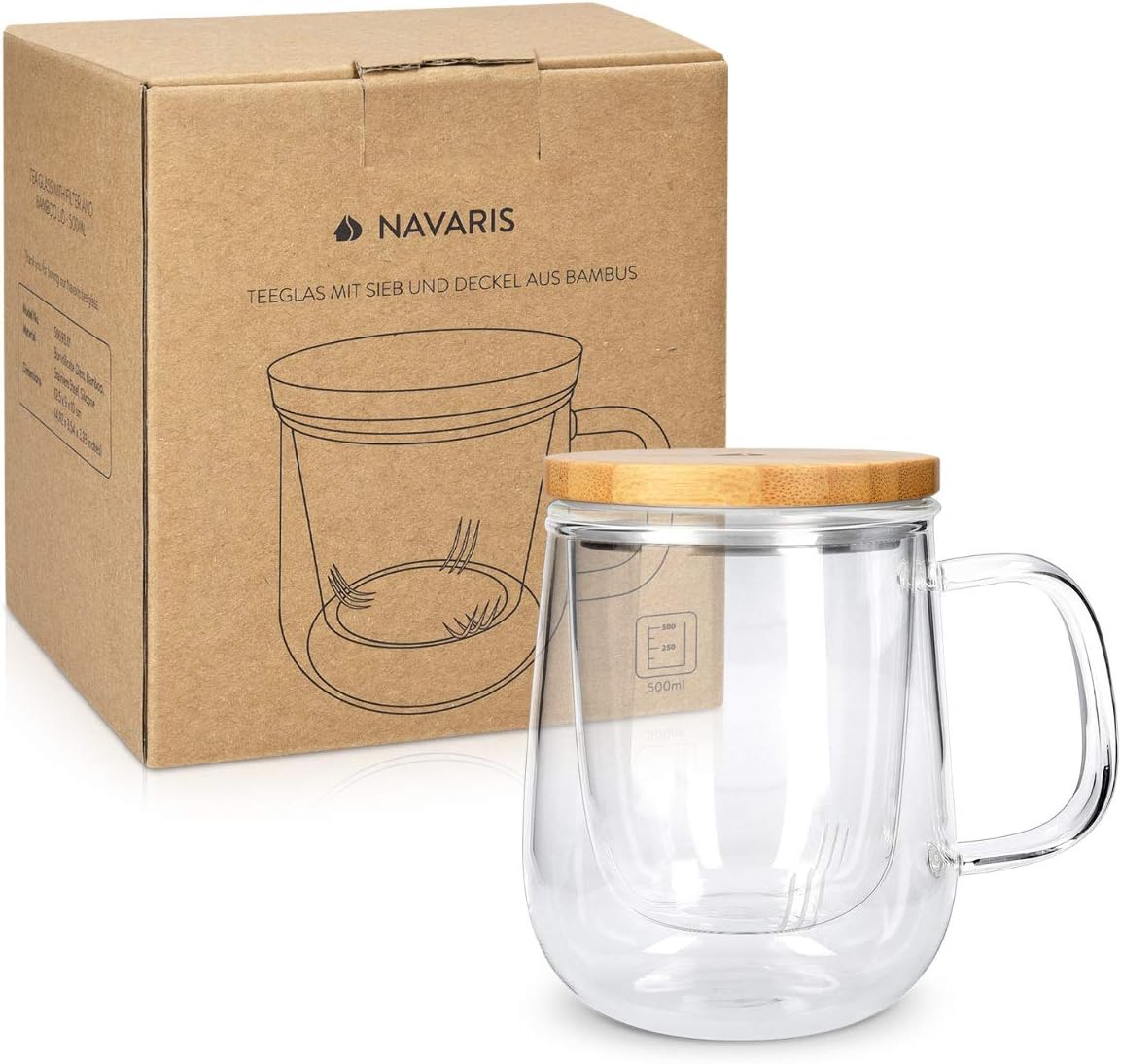 Navaris Tea Mug with Infuser & Bamboo Lid – 16.9oz (500ml) Borosilicate Glass Tea Cup for Loose Leaf Tea