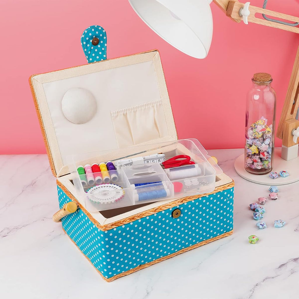 Navaris Sewing Box with 76-Piece Sewing Kit Accessories – Dotted Print Sew Basket Organizer with Removable Tray Compartments, 9.7" x 6.9" x 4.9"