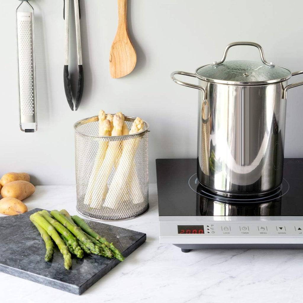 Navaris Stainless Steel Asparagus Pot – 4.1 QT Vegetable & Pasta Cooker with Removable Basket and Lid