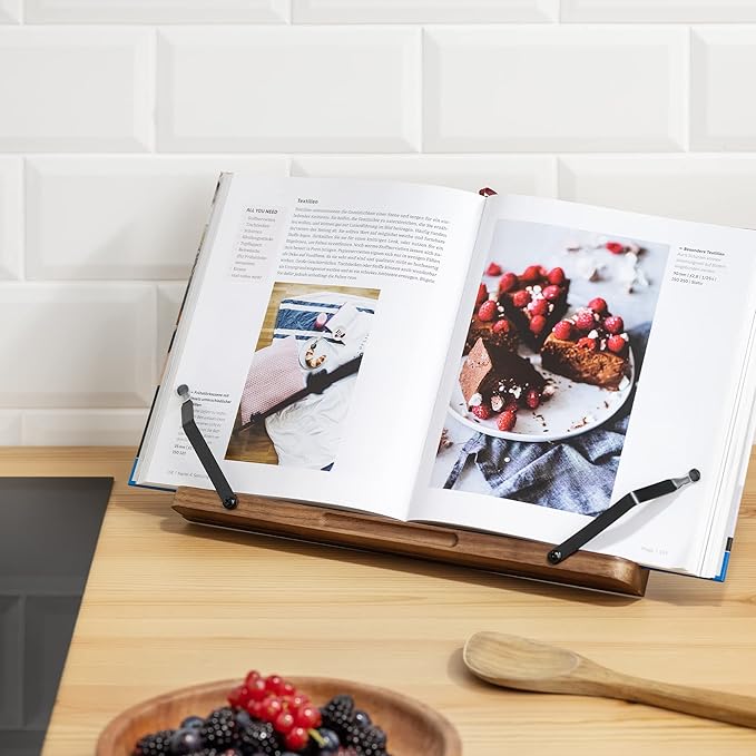 Navaris acacia wooden book stand with adjustable page holders for cookbooks tablets and reading