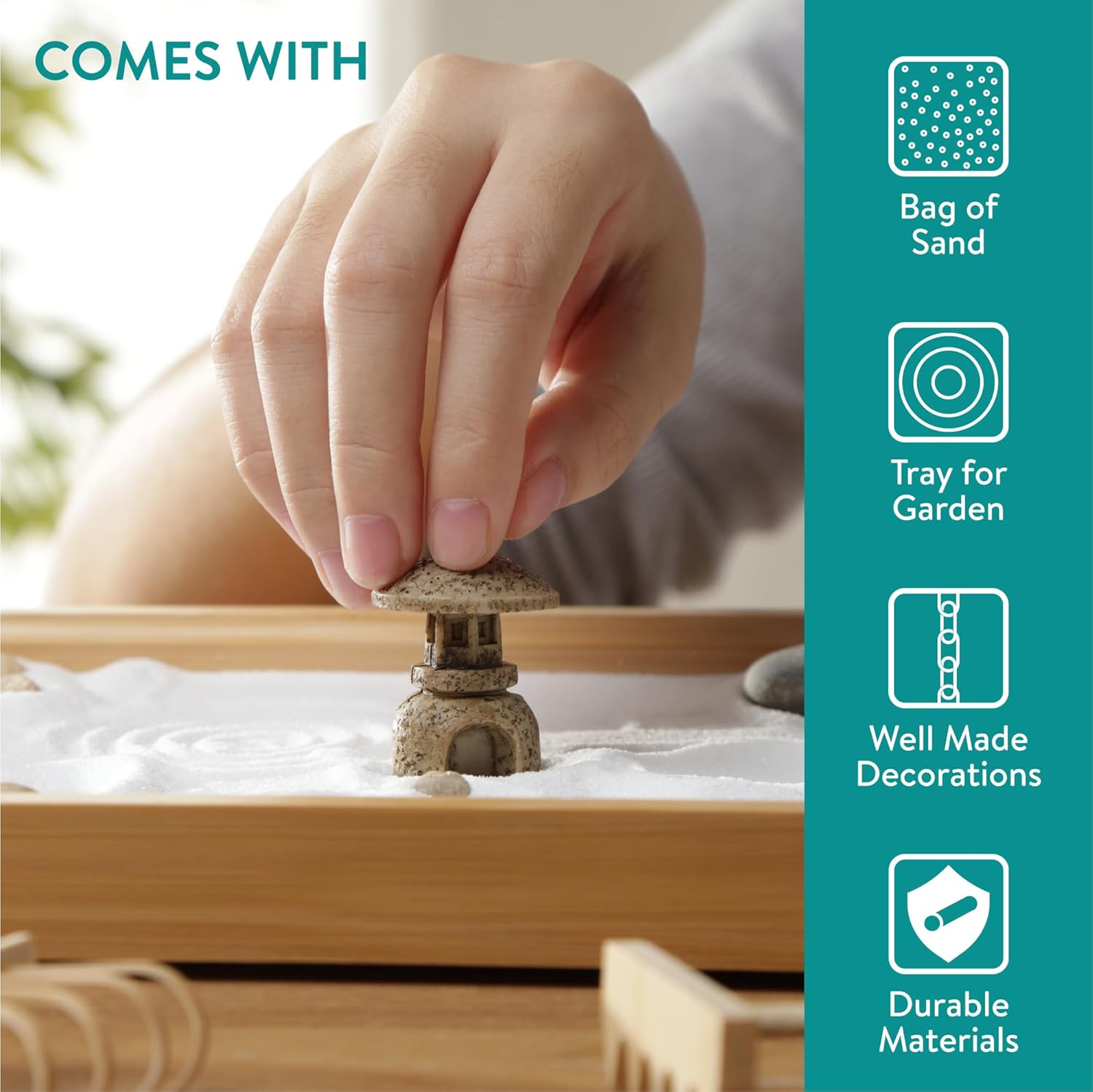 Navaris Zen Garden Kit – Mini Japanese Sand Garden with White Sand, Meditation Stones & Decorative Ornaments, Rectangular Bamboo Tray